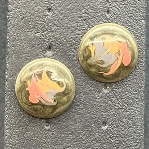 Vintage Pierced Stud Earrings As Is Round Green Salmon Gray Enamel Marbled Swirl